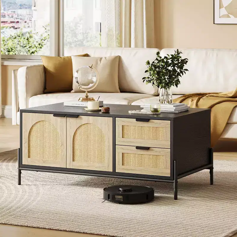Black & Oak Rattan Coffee Table with Storage, Mid-Century Modern Living Room Table