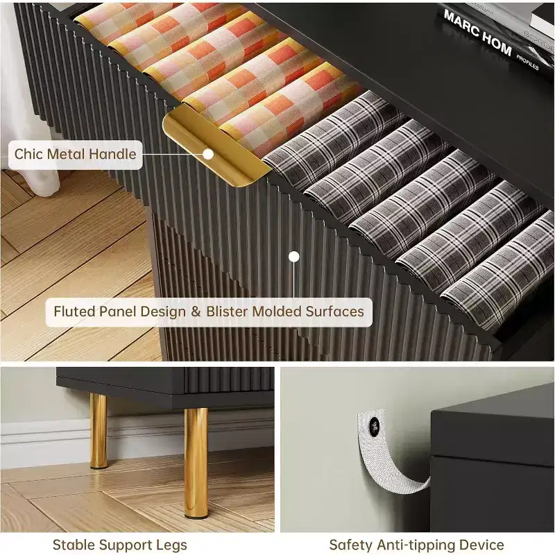 Modern 5 Drawer Dresser for Bedroom with Wood Double Chest of Drawers and Storage Organizer Gold Handle and Large Drawer, r for Living Room, Hallway