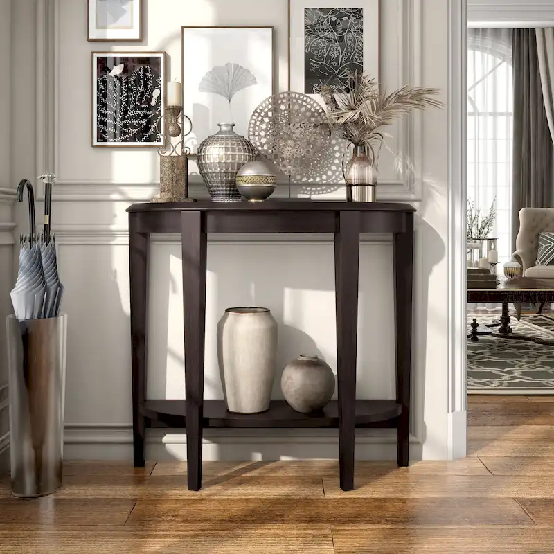 Contemporary Half-Moon Console Table with Bottom Shelf – 3 Colors, MDF
