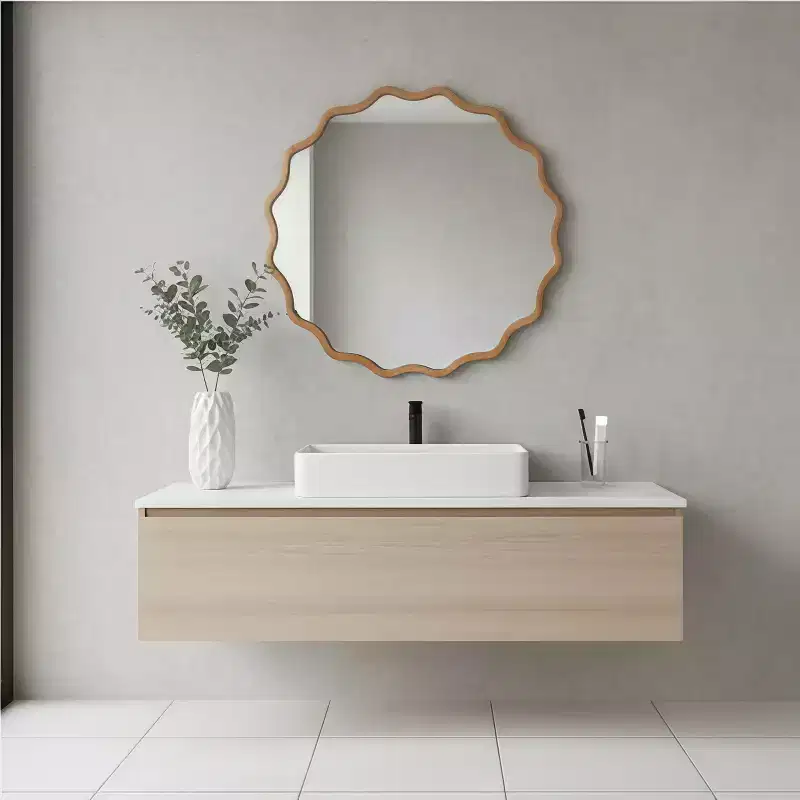 Whisen 30 Wavy Round Decorative Mirror, Solid Wood Frame, Entryway