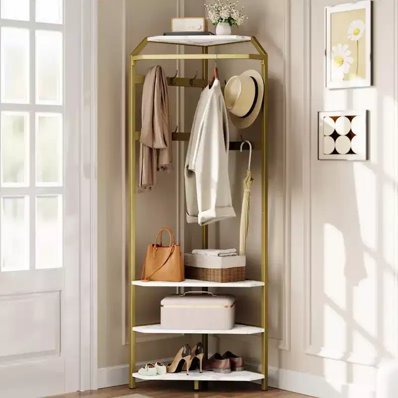 Corner Hall Tree with Shoe Bench, Entryway Coat Rack with 12 Double Hooks, Freestanding Storage Organizer for Home, Office, Bedroom, Mudroom