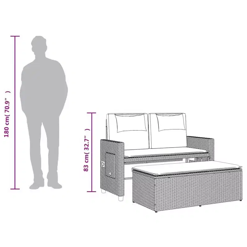 vidaXL Reclining Patio Bench with Cushions Seating Poly Rattan