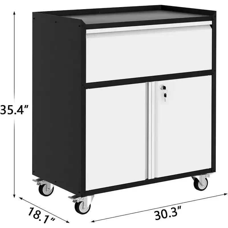 Acekool Rolling Garage Storage Cabinet, Metal Tool Cabinet with Drawer, Adjustable Shelf, Lockable Doors & 4 Wheels, Tool Cart for Workshop & Office