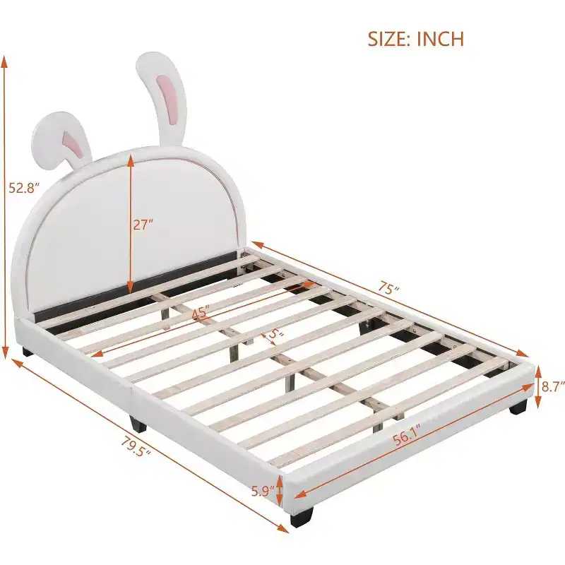 Full Size Bed Frame, Bed Frame with Rabbit Ornament for Kids, Upholstered Leather Platform Bed with Ears Headboard, Easy Assembly, White