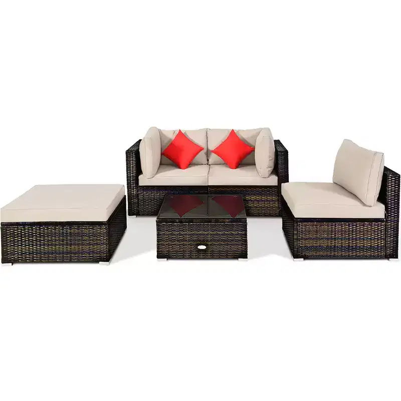 Costway 5PCS Outdoor Patio Rattan Furniture Set Sectional Conversation W/Beige Cushion