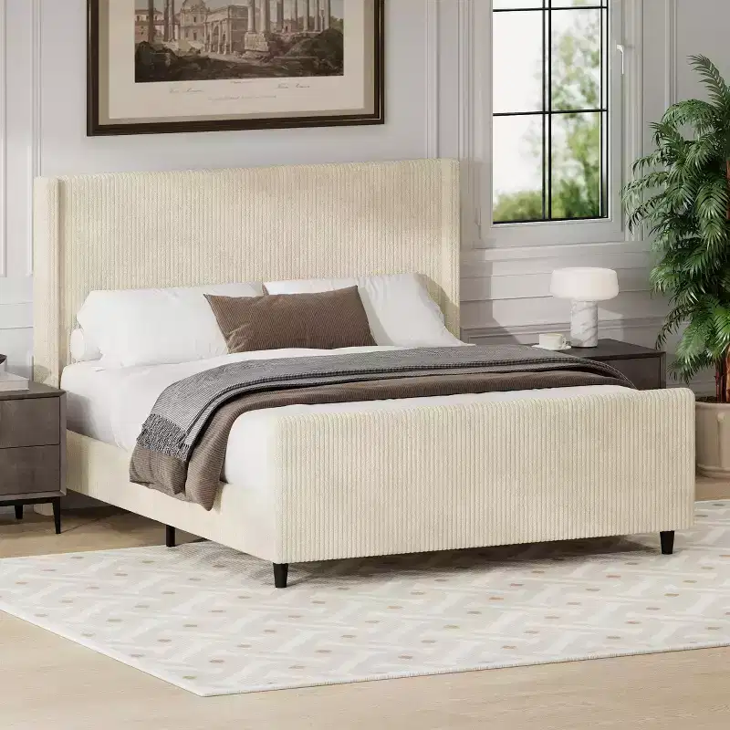 Corduroy Upholstered Bed Frame with Wingback Headboard, Cream