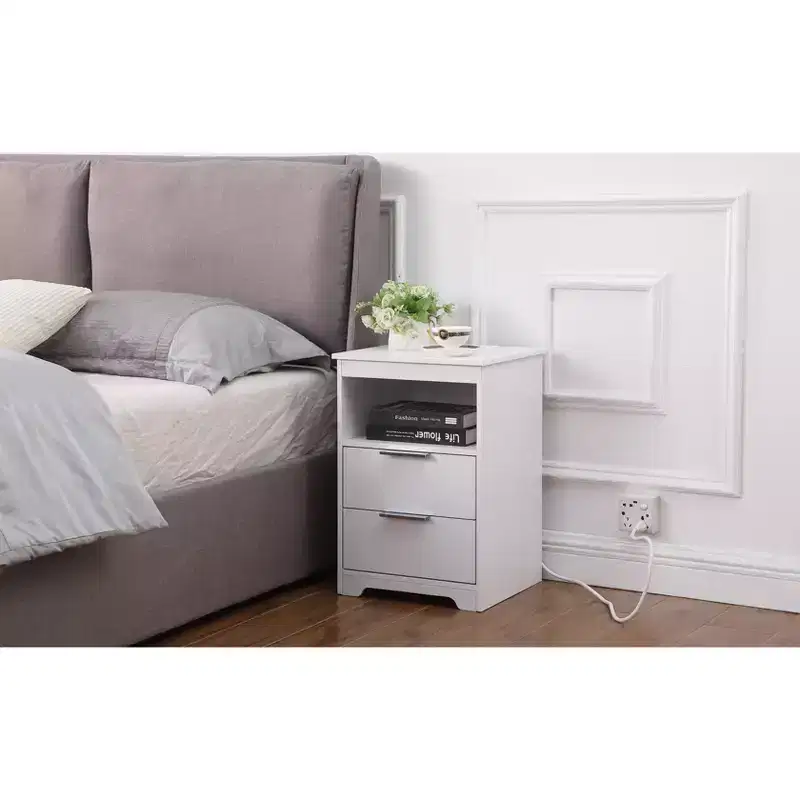 Designed for everyday convenience, this Nightstand with Charging Station,End Table with 2 Drawers,Wooden End Table with Drawer and Opening.