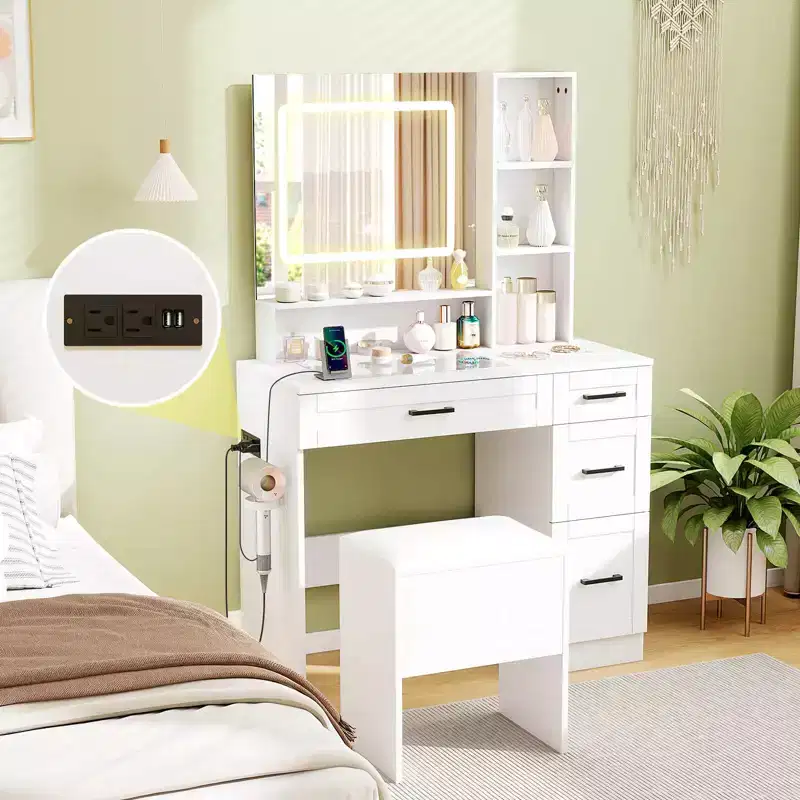 Costway 35.5 Makeup Table Set Vanity Desk with Mirror and Lights 2 Open Shelves Glass Top