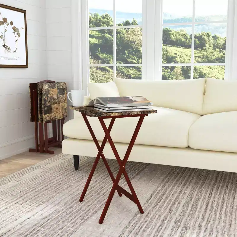 Linon Faux Marble Tray Table Set