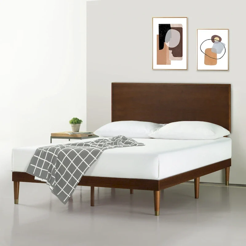 Deluxe Mid-Century Wood Platform Bed – Pine & Steel, Multiple Sizes