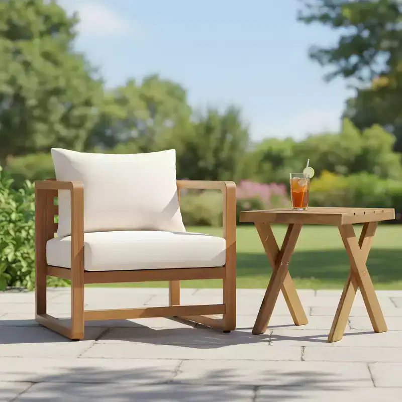 Christopher Knight Home Flavie Patio 2 Piece Acacia Wood Oversized Seating Set with Cushion and Slatted Table