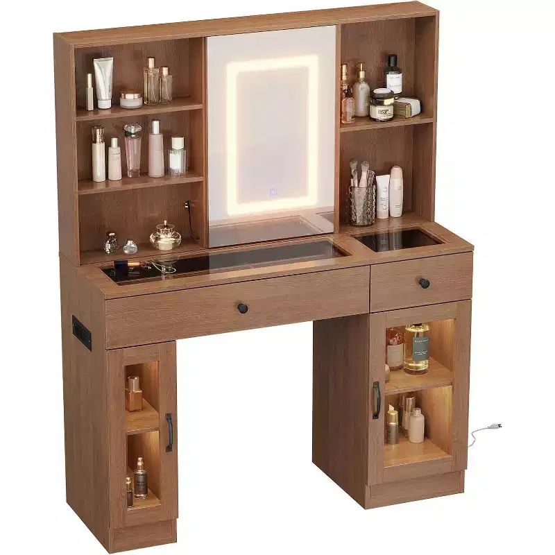 Vanity Desk with Mirror and Lights,Adjustable Brightness Vanity Table with Drawers & Cabinets, Storage,Power Outlet,Makeup Dressing Table