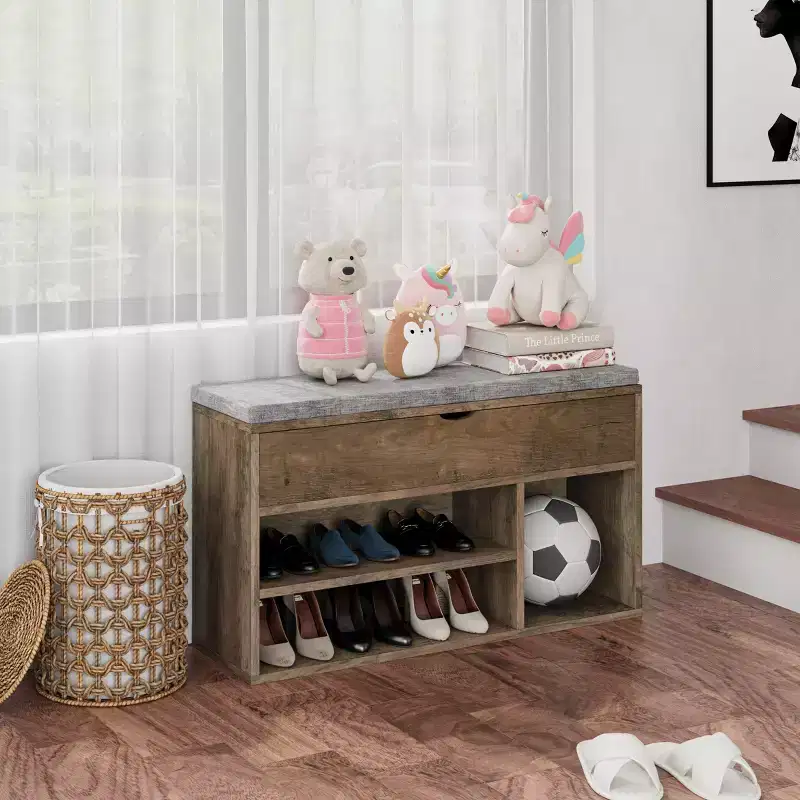 Shoe Storage Bench with Cushion, Entryway Bench with Flip-Top Storage for Hallway and Living Room