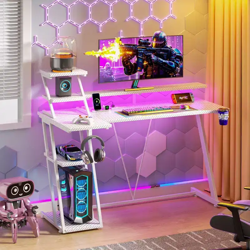 47 inch L Shaped Gaming Desk White Small Spaces Corner Computer Table with Monitor Stand Storage Shelves Gamer Desk for Bedrooms Teen PC Workstation