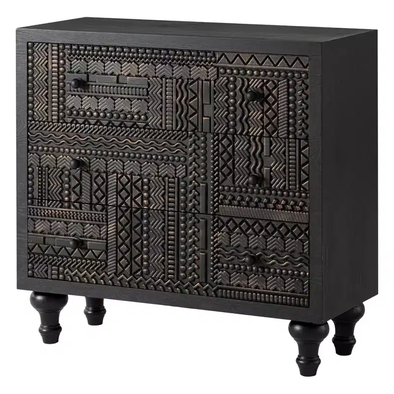 Farmhouse 3-Drawer Bedroom Dresser with Geometric Pattern – Black