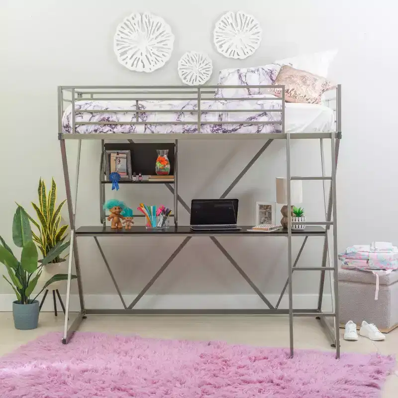 Modern Industrial Pewter Metal Kids' Twin Loft Bed with Built in Study Desk