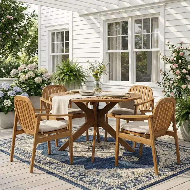 Christopher Knight Home Samira 5 Piece Patio Rustic Acacia Wood Slatted Dining Set with Cushions