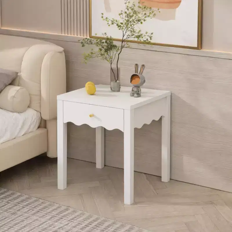 White Nightstand with Drawer, Modern Bedside Table with Wavy Apron Design, Compact End Table for Bedroom Living Room, Small Side Table with Storage