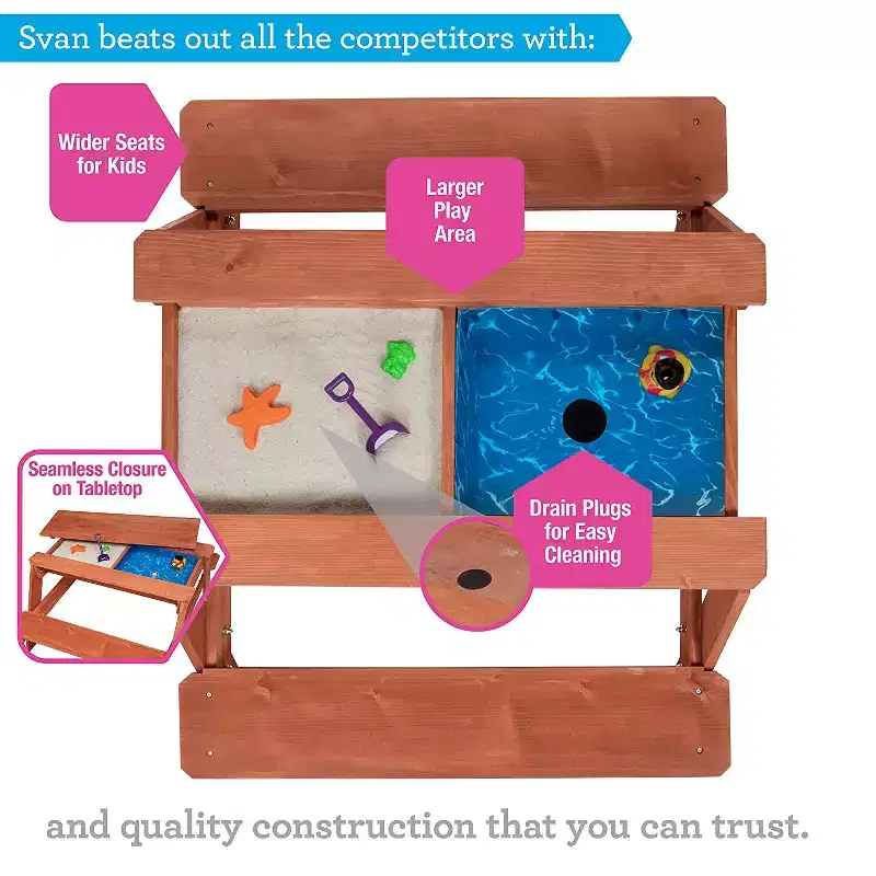 Svan Kids All in One Convertible Indoor/Outdoor Picnic, Sand & Water Activity Table w/ Removable Top (43 X 35 X 19 in) Made of 100% Wood
