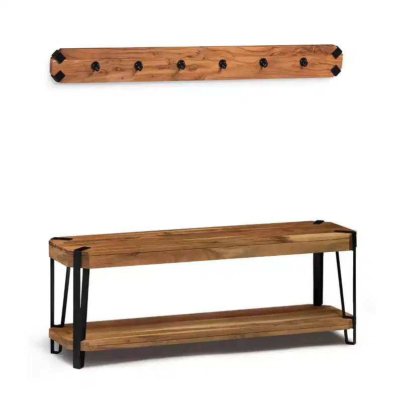 48" Ryegate Live Edge Wood Bench with Coat Hooks Set - Alaterre Furniture: Industrial Metal Frame, 2-Piece Entryway