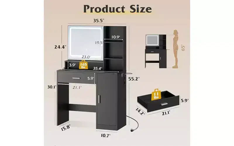 Small Vanity Desk with Lighted Mirror – Drawer, Cabinet & Open Shelves, Black