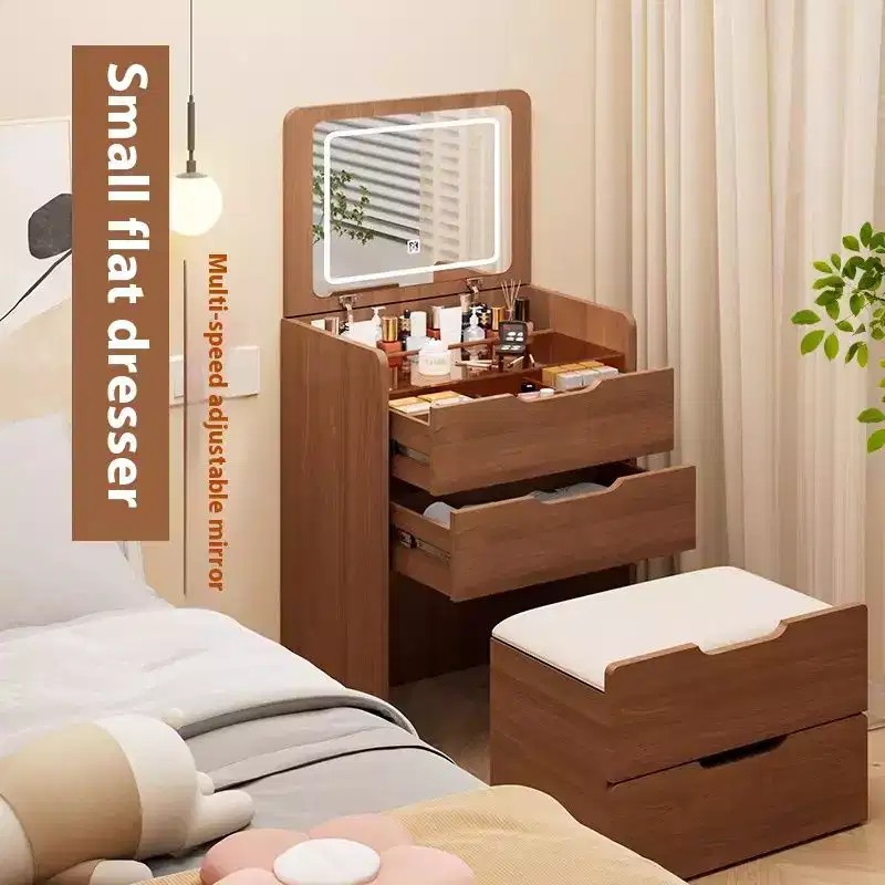 Okak 23.6 3-in-1 Vanity Table and Stool Set with Flip-Top Mirror,Compact Makeup Vanity with Visible Glass Desktop and 3 Drawers,Walnut
