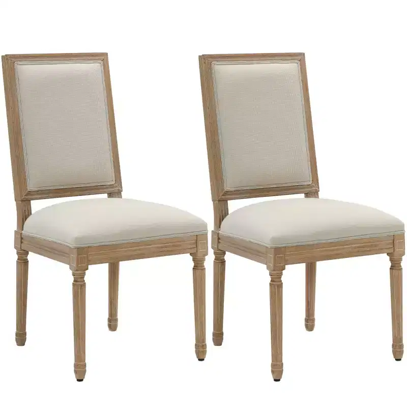 French Country Dining Chairs, 2 Piece, Linen Upholstered with Solid Back Chairs for Kitchen, Restaurant, Farmhouse