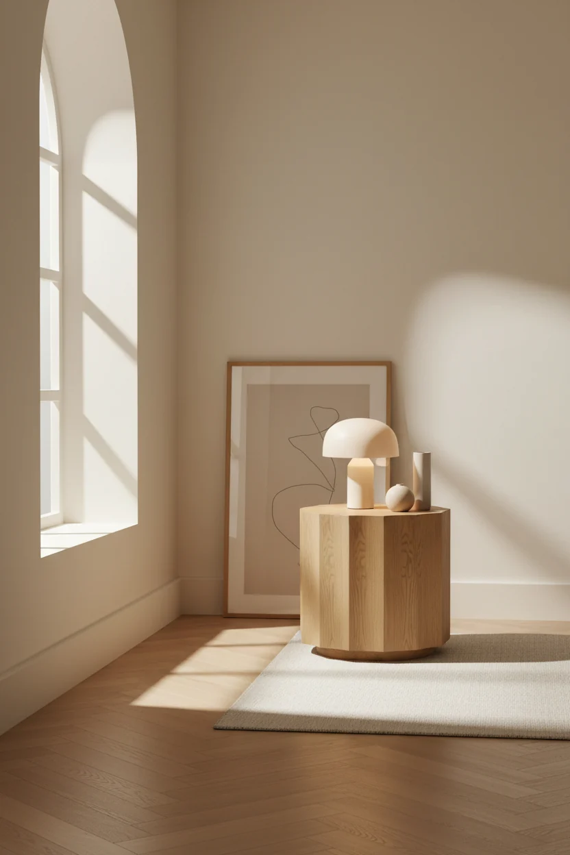 Modern Rubberwood & Oak Veneer Side Table with Organic Round Top & Natural Finish for Living Room