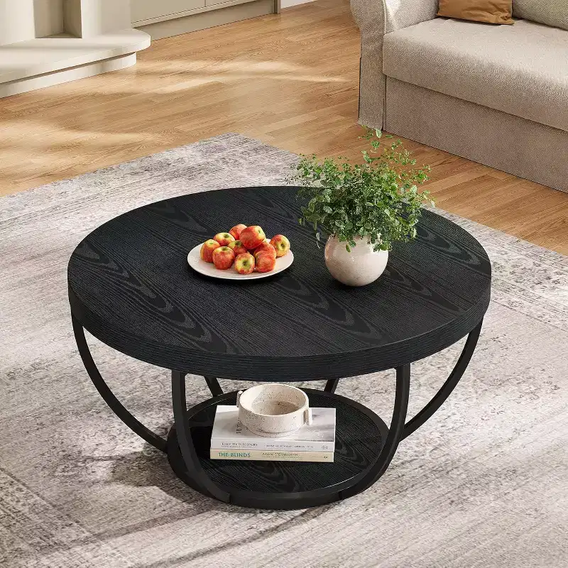 Lantine 31.7 Round Coffee Table, 2-Tier Circle Coffee Table with Storage Shelves, Modern Center Table for Living Room Black