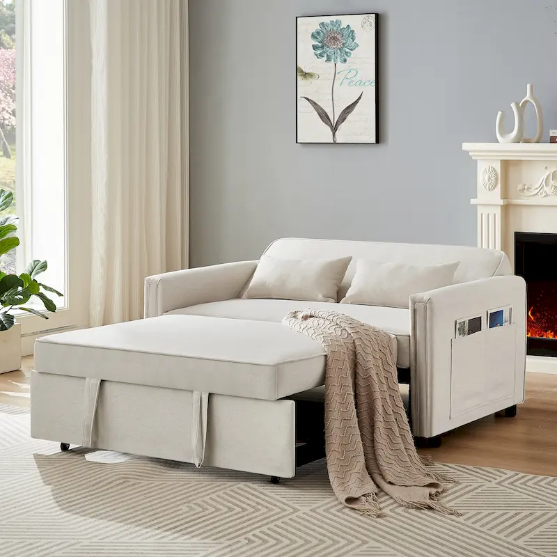 Modern Linen Convertible Loveseat Sleeper Sofa Couch with Adjustable Backrest, Pull-Out Bed and 2 Lumbar Pillows