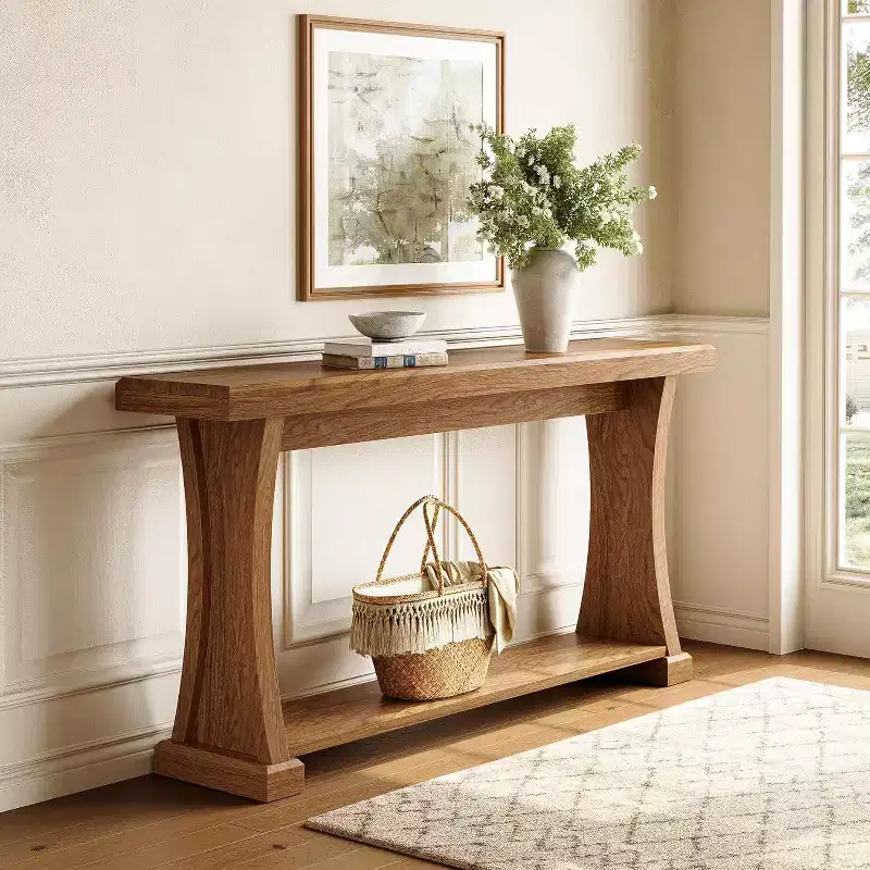 63-Inch Console Table for Entryway, 2-Tier Entryway Table Behind Sofa with Storage Shelves for Living Room, Hallway, Narrow Wooden Table