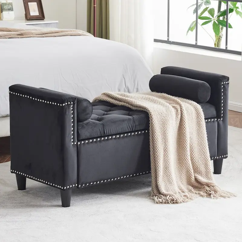 Velvet Button Storage Bench with Armrests and Nailhead Trim