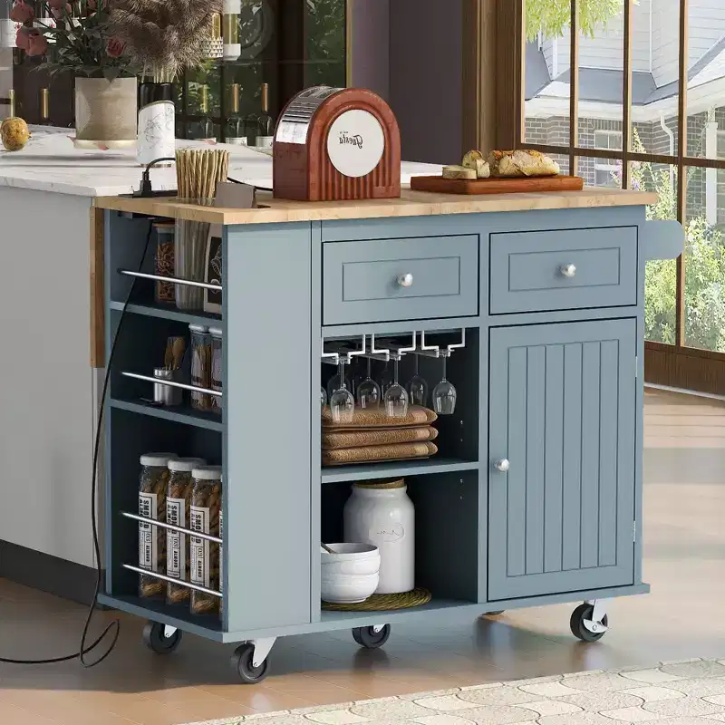 Kitchen Island with Power Outlet, Drop Leaf, Wine Rack & Adjustable Storage, Blue