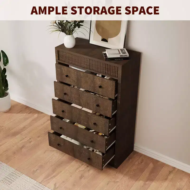 31.5 W Tall Dresser for Bedroom, Fluted Chest of Drawers, Modern Wood Storage Cabinet with 5 Drawers, for Kids Room, Hallway, Living Room