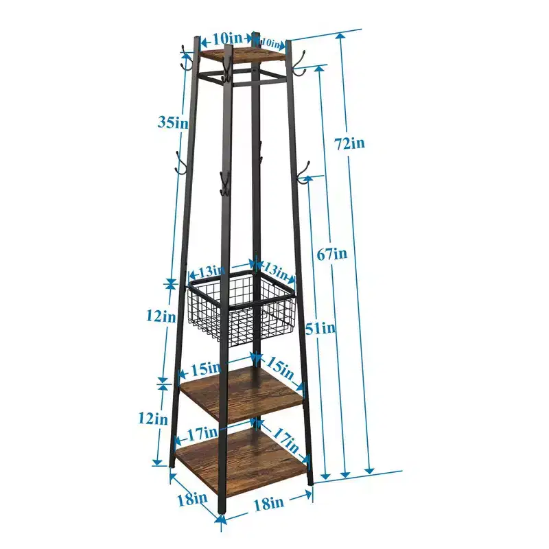 Freestanding Industrial Coat Rack with Metal Basket, 2 Shelves & 8 Dual Hooks Entryway Hall Tree for Hats, Bags, and Scarves
