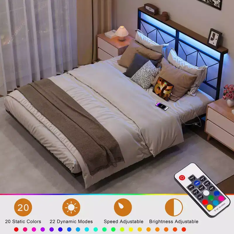 Floating Bed Frame with LED Storage Headboard, Charging Station, No Box Spring Needed