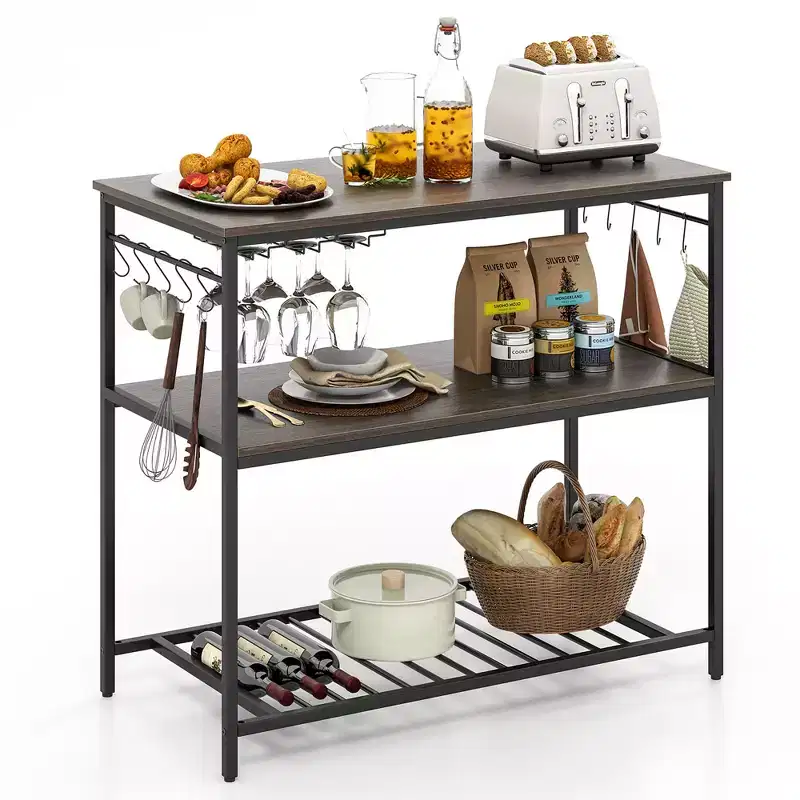 Costway Kitchen Island with 3 Shelves, Industrial Kitchen Counter w/ Glass Holders & 10 Hooks, 3 Tier Kitchen Shelf w/ Heavy Duty Metal Frame