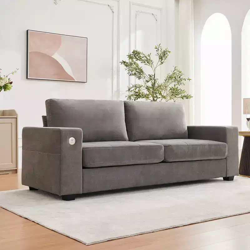 Modern Sofa 2-Seater, Chenille Upholstery with Extra Large Seat, USB/Type-C Charging Port & Side Pocket, Medium Firm Cushion