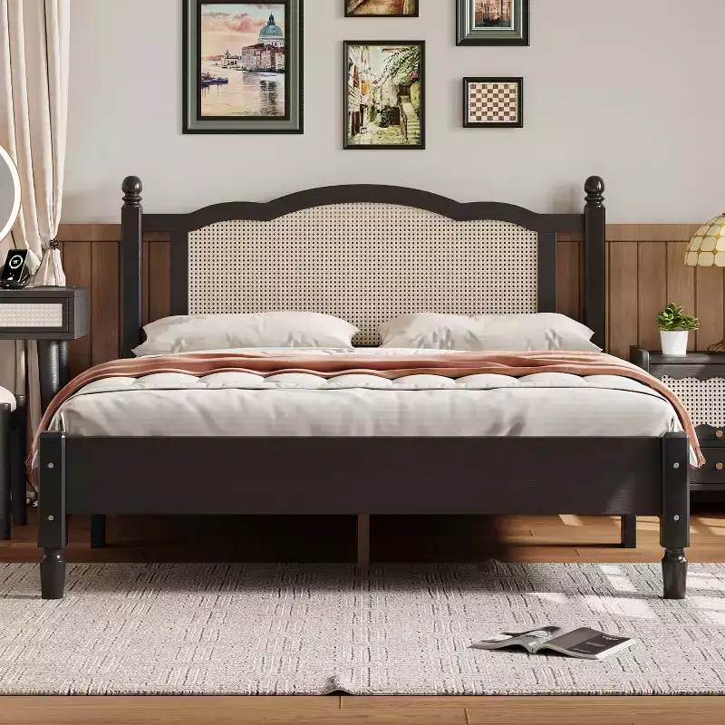 Queen Size Wooden Platform Bed with Natural Rattan Headboard Vintage Bed Frame with Wooden Slat Black