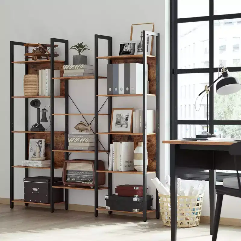 VASAGLE 5-Tier Bookcase with 14 Shelves, Book Shelf with Metal Frame, Bookshelf for Living Room, Home Office, Industrial Style, Rustic Brown and Black