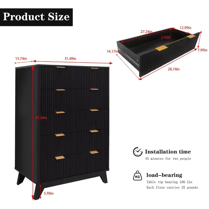 Modern drawer cabinet, wave-patterned drawer cabinet, grooved five-drawer vanity, suitable for bedrooms, living rooms, and hallways.