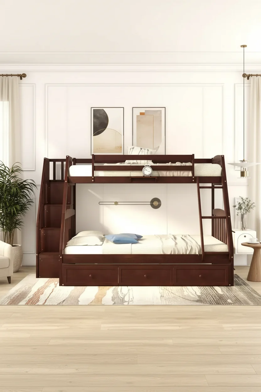 Twin over Full Bunk Bed with Drawers and Storage Staircase
