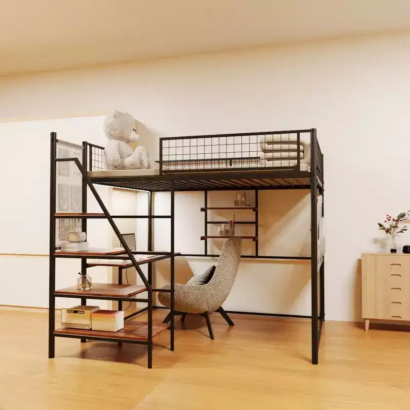 Full Size Loft Bed with Safety Guardrail, Desk, Ladders and Storage Shelves