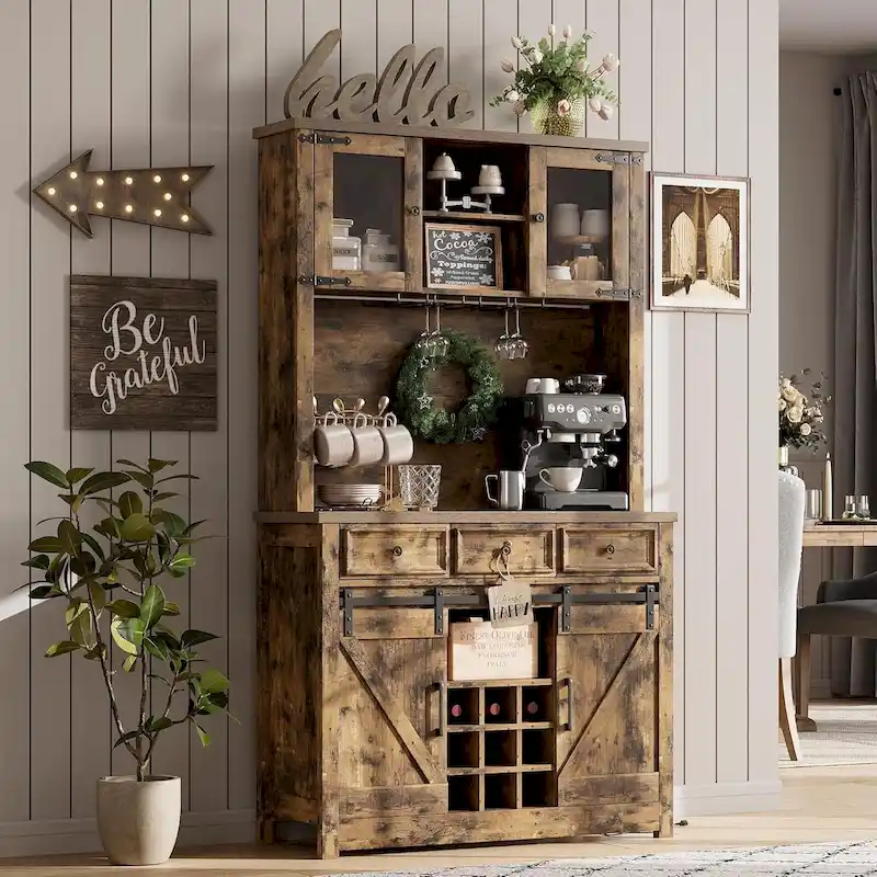 Modern Farmhouse Coffee Bar Cabinet with LED Lights & Power Outlets, Kitchen Cabinet