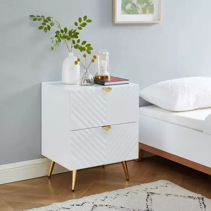 Probe Hues High Gloss Nightstand with 2 Drawer and Wave-pattern Detailing
