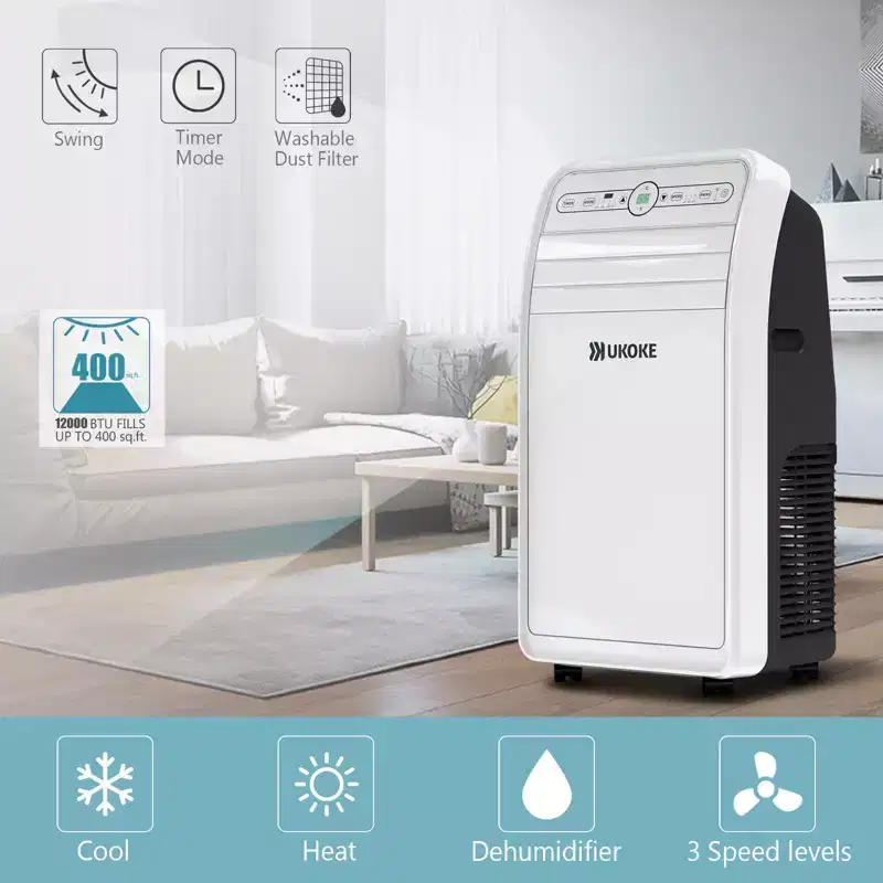 Ukoke USPC01W Smart WiFi Portable AC, 12,000 BTU, App & Remote Control, 4-in-1 Cool/Heat/Dehumidifier/Fan, for Rooms up to 400 Sq. Ft, White