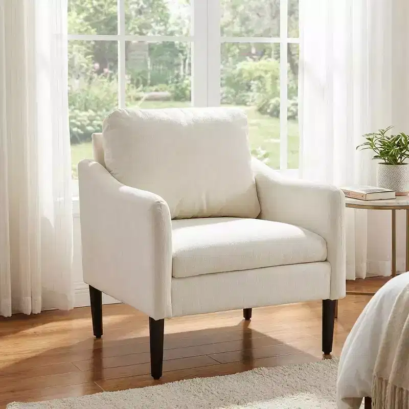 Mid-Century Modern Accent Chair, Chenille Fabric Armchair with Curved Arms, Upholstered Reading Chair, Cloud Sofa Chair for Living Room, 4 Colors
