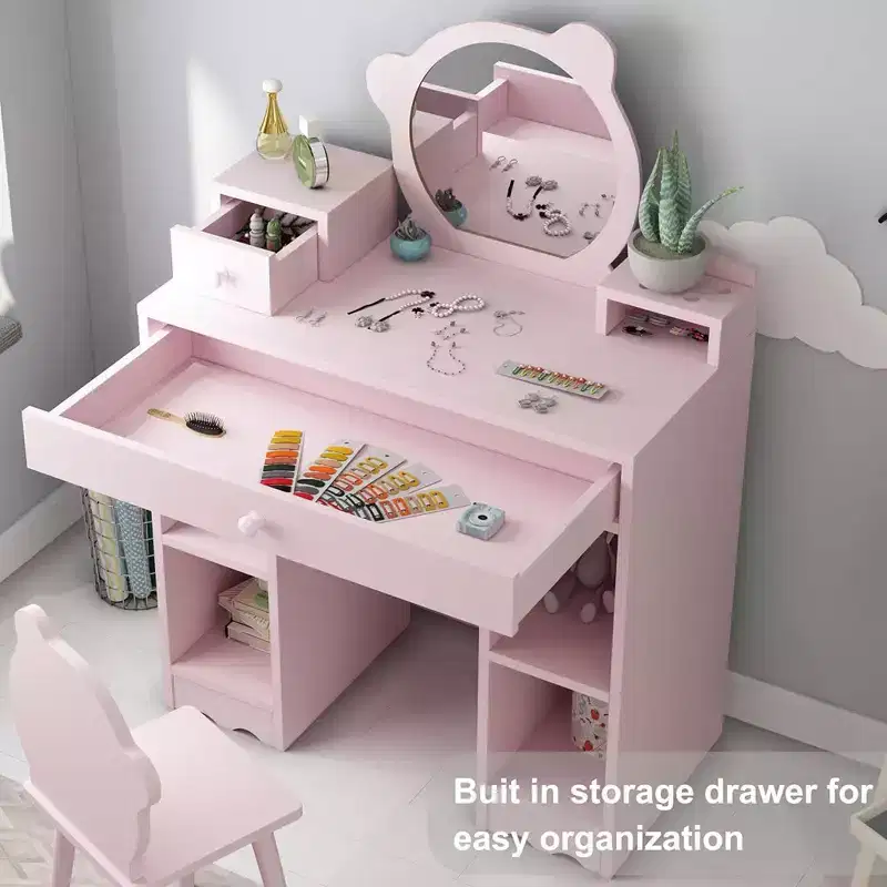 WhizMax Kids Vanity, 2 in 1 Princess Makeup Desk & Chair Set with Drawers, Storage Shelves, Toddler Dressing Table, Pink