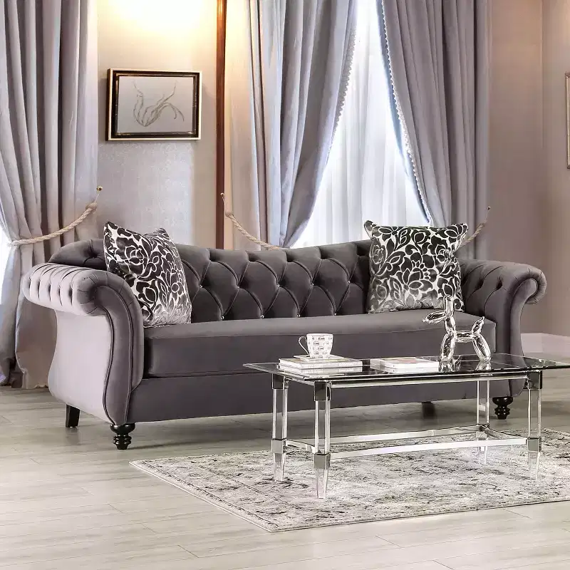 Button Tufted Velvet Sofa, 3-Seater with Wood Frame and Black Legs