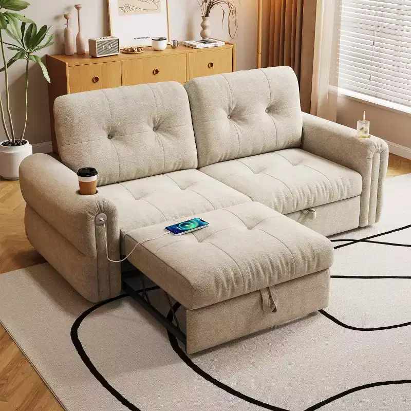 Modern 2-in-1 Convertible Sleeper Sofa Bed with Fold-Down Backrest, Soft Flannelette Pull-Out Sofa for Living Room or Guest Room-Panipeachy